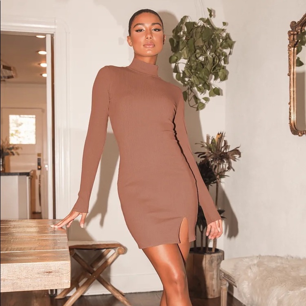 Tan Ribbed Mock Neck Long Sleeve Bodycon Dress